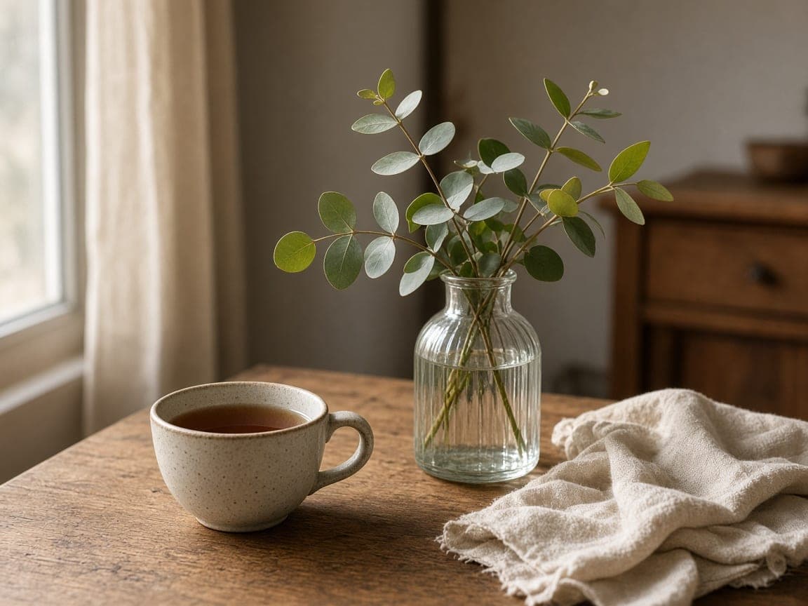 Calm home setting with tea and greenery